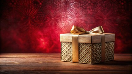 A Beautifully Wrapped Gift Box Rests on a Wooden Surface Against a Rich Red Background