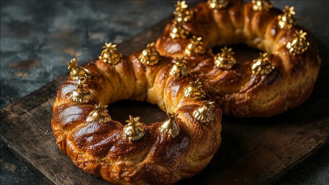 A close-up of a round, golden brown twisted bread loaf placed on a wooden board, topped with small decorative balls.