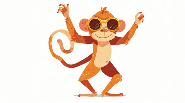 A cartoon monkey wearing sunglasses and dancing with a playful and carefree mood against a white background, looking suitable for various designs.