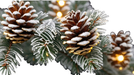Elegant closeup of gold-painted pinecones on frosty spruce, ideal for winter celebrations, greeting cards, and New Year visual projects.