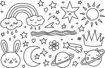 Hand Drawn Kawaii Space Doodle Set with Stars Planets Rainbow Moon and Cute Animal Faces