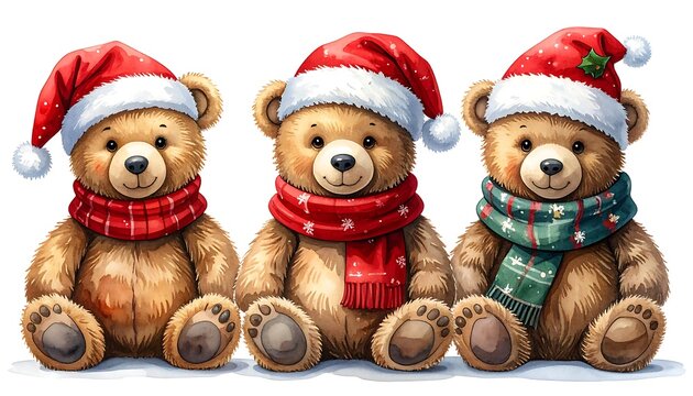 Three charming, cartoon teddy bears wear Santa hats and festive scarves, ready for a joyful winter holiday season. Each bear smiles and sits