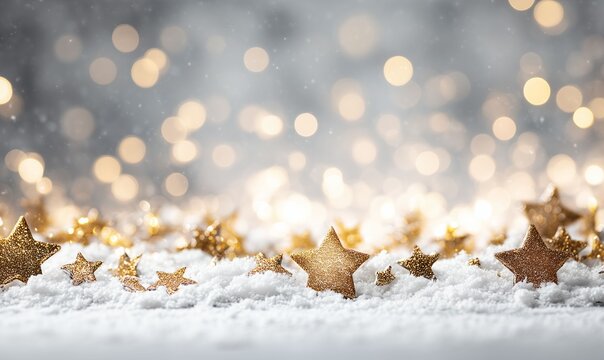 Magical Winter Scene with Glittering Stars and Warm Bokeh Lights Above Pristine Snow