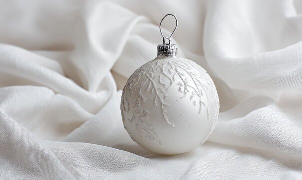 Elegant White Christmas Ornament with Silver Glitter Against Soft Draped Fabric Background