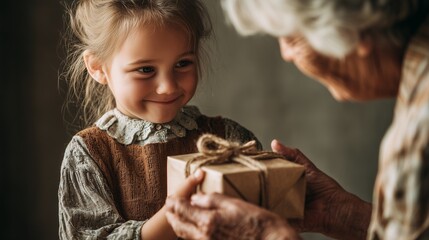 Child giving handmade present to grandmother, joyful intergenerational moment
