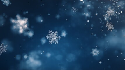 Bright snowflakes glowing against deep blue winter sky, magical floating crystals