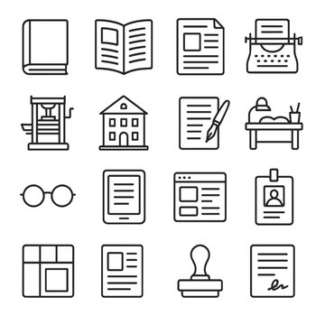 Writing and publishing linear icon set. featuring book, typewriter, quill, glasses, manuscript, and e-reader