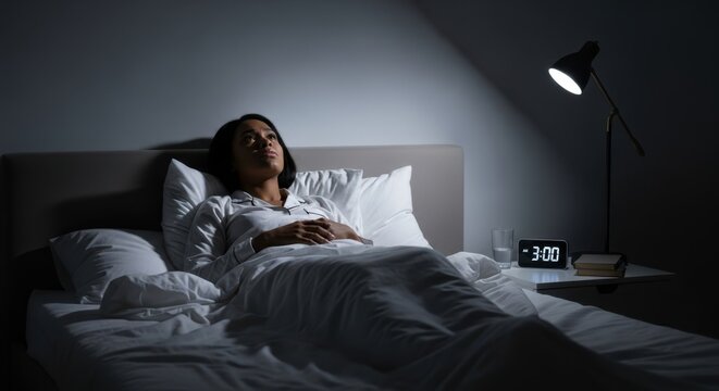 Woman lying awake in bed at 3am, suffering from insomnia. Sleepless night due to anxiety or stress. Sleep disorder concept.