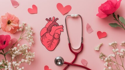 Flat lay with paper cutout human heart and red stethoscope, medical education concept