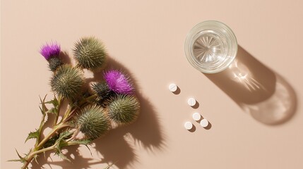 Flat lay composition with paper liver illustration and milk thistle, health concept
