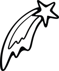A simple black and white outline drawing of a shooting star with a long, wavy tail.