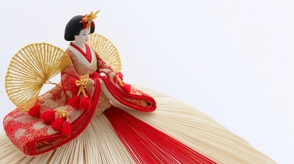 Hina doll with silk fabric details, golden fans and red threads, Japanese display