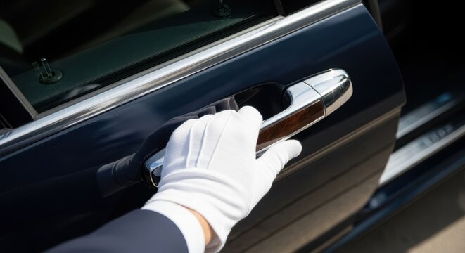 Man in white glove opening a luxury car door. Chauffeur service for corporate travel or VIP event concept.