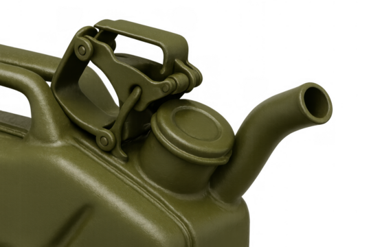Green metal jerrycan with cap and spout providing emergency fuel storage for vehicles or equipment