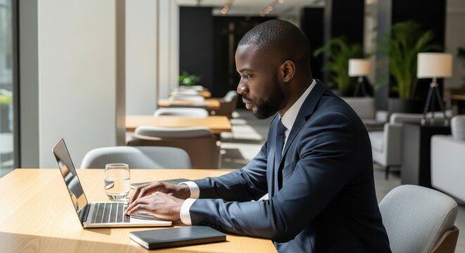 African american businessman typing on laptop in modern office space. Professional man working remotely on computer in business lounge.