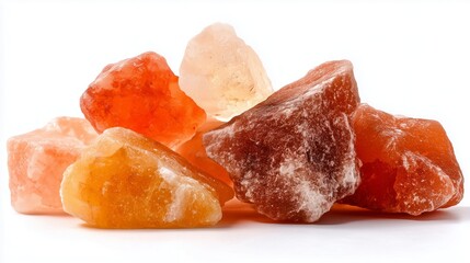 Macro photo of orange Himalayan salt crystals with amber and coral tones isolated on white background