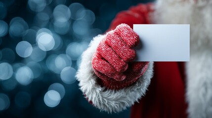 Santa Claus in red mittens holding blank white card towards camera
