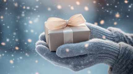 Soft focus scene of gloved hands presenting ribboned box, elegant winter gift concept