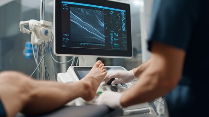 Vascular doctor performing ultrasound examination of patient's legs, medical technology concept