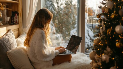 Woman ordering Christmas gifts online on laptop in daylight, cozy online shopping concept