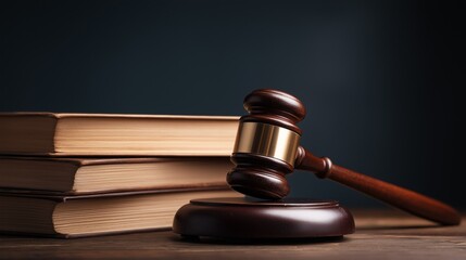 Wooden judge gavel and legal books on table, law and justice concept