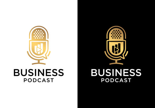 Vector microphone icon logo with bar chart and play symbol. Simple podcast logo.