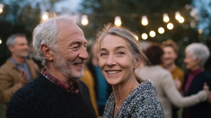 Smiling Elderly Couple At Outdoor Evening Gathering. Celebrating Life And Companionship