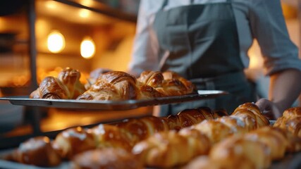 A baker standing behind a large tray of freshly baked bread and pastry items. The scene is set within a professional bakery or kitchen environment with bright lighting.