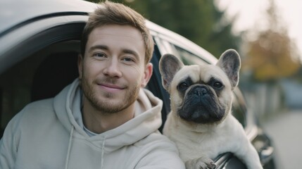 Man And French Bulldog Enjoying Car Ride Together. Capturing Joyful Moments With Pets