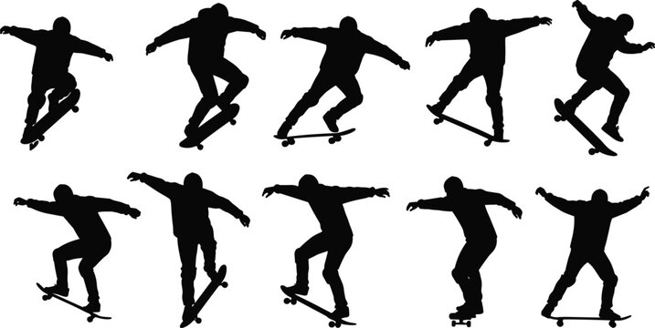Skateboard trick silhouette sequence, black vector icons, extreme sport motion, skater jump poses, dynamic action clipart, cad drawing flat vector illustration