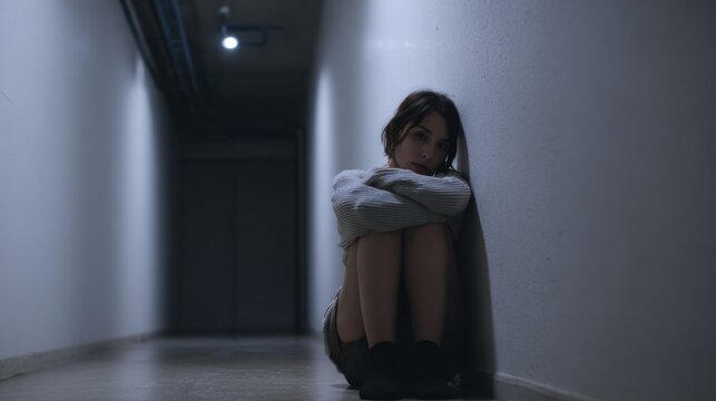 Woman Sitting Alone In Dimly Lit Hallway. Reflects Solitude And Introspection