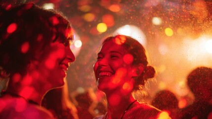 Two Women Smiling At A Vibrant Party With Colorful Lights. Celebration And Joy In A Lively Atmosphere