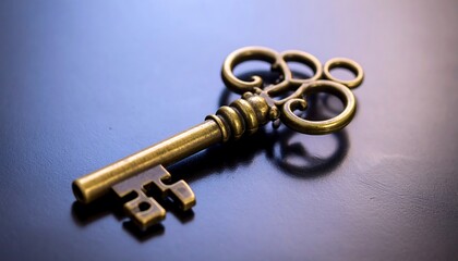 A close-up shot of an antique brass key resting on a reflective, dark surface. The key is detailed with ornate swirls