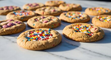 Baked cookies with sprinkles and candies on a marble counter, close-up view