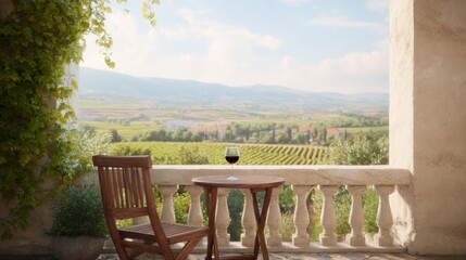 Obraz premium Scenic Vineyard View From Terrace With Wine Glass. Relaxation And Tranquility In Nature