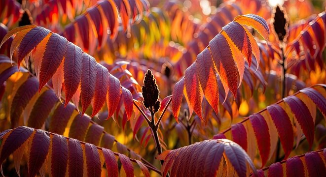Vibrant Autumn Sumac Leaves Bathed in Golden Sunlight.