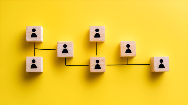 黄色い背景に組織図を表す木製ブロック