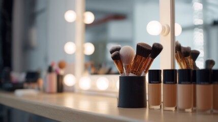 Makeup Brushes And Foundation Bottles On A Vanity Table With Mirror Lights. Beauty And Cosmetics Setup For Professional Makeup Application