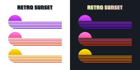 Obraz premium Vintage colorful sunset. Various gradient striped sunrise badges in 80s and 90s style. Sun and ocean view, summer vibes, surfing. Design element for print, logo or t-shirt. Vector illustration.