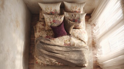 Cozy Bedroom With Floral Bedding And Soft Natural Light. Inviting And Serene Atmosphere For Relaxation