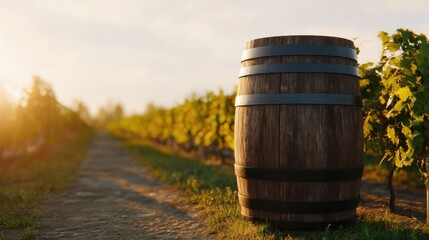 Barrel In A Sunlit Vineyard At Sunset. Symbol Of Winemaking And Agriculture