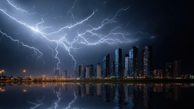 City Skyline Illuminated By Dramatic Lightning Storm At Night. Urban Landscape Reflecting In Water