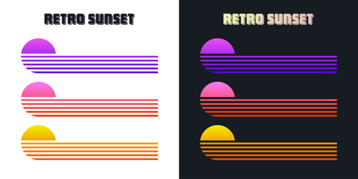 Vintage colorful sunset. Various gradient striped sunrise badges in 80s and 90s style. Sun and ocean view, summer vibes, surfing. Design element for print, logo or t-shirt. Vector illustration.