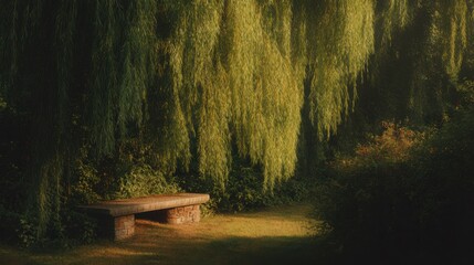 Serene Garden Scene With Stone Bench Under Lush Willow Tree. Peaceful Retreat In Nature