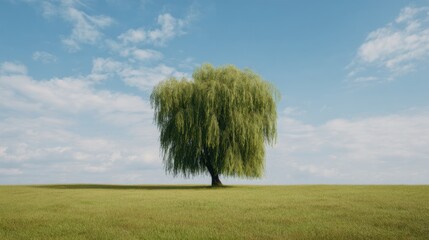 Weeping Willow Tree In Open Grassy Field Under Blue Sky. Symbol Of Tranquility And Solitude