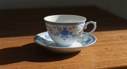 Obraz premium Blue & white porcelain cup and saucer on wood. Natural light. Serene, still life