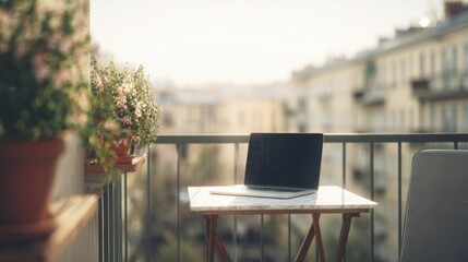 Laptop On A Balcony Table With Potted Plants And Urban View. Remote Work In A Serene Outdoor Setting