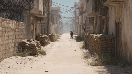 Deserted Urban Street With Sandbags And Soldier. War-Torn Cityscape Reflecting Conflict And Resilience