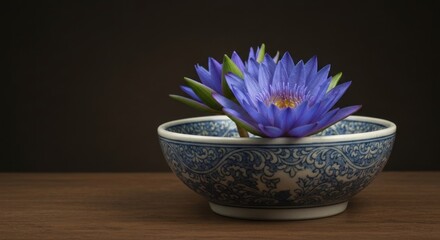 Blue waterlily in patterned bowl on wooden surface, dark backdrop