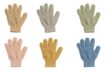 Collection of warm knitted gloves in various colors, soft wool winter clothing accessories, transparent background